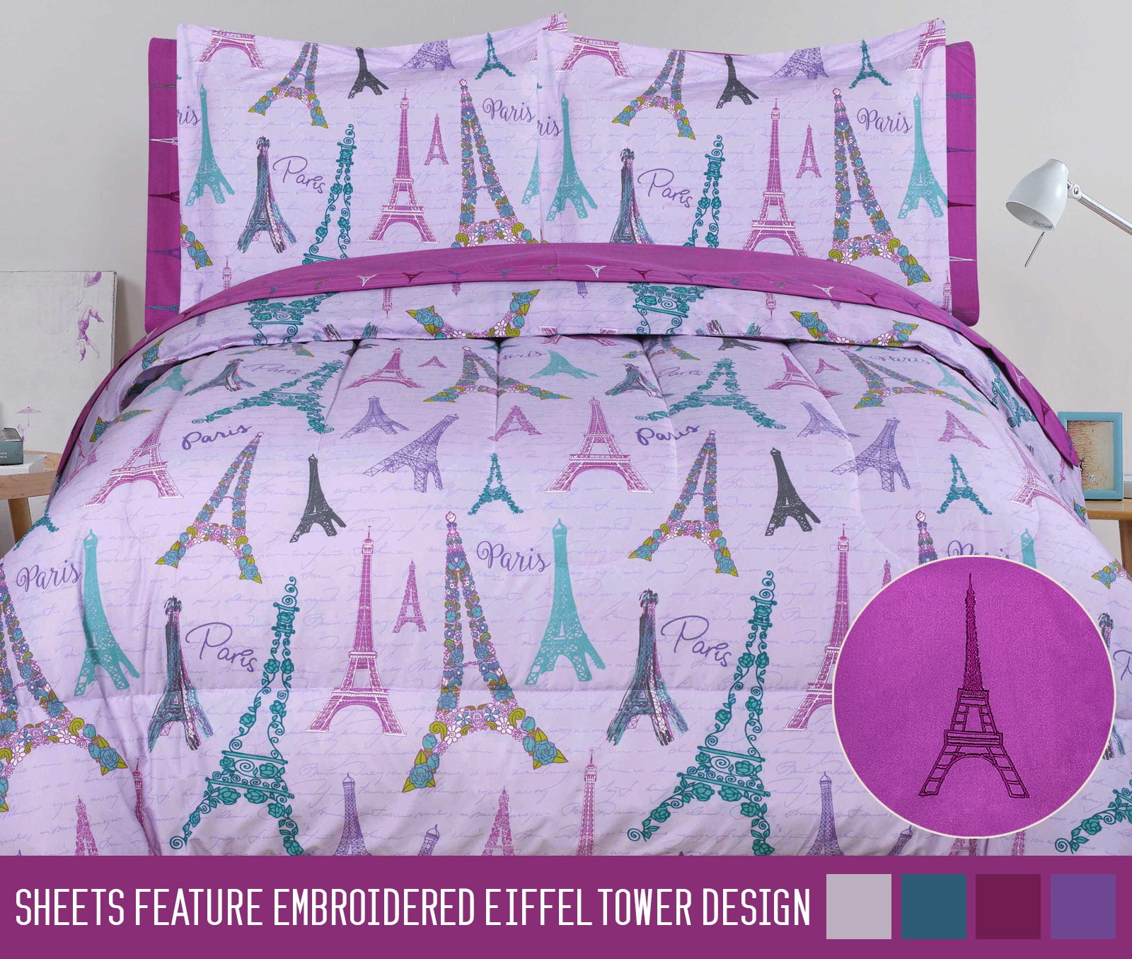 ❤ Lovely  Paris Eiffel Tower Purple Floral 5 pcs King Queen Full Comforter set 
