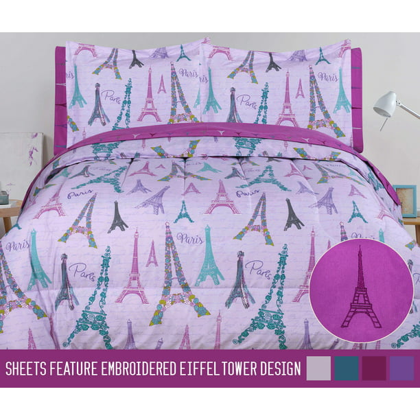 Queen Paris Comforter and Sheet Purple Eiffel Tower Floral Bed in a Bag Set