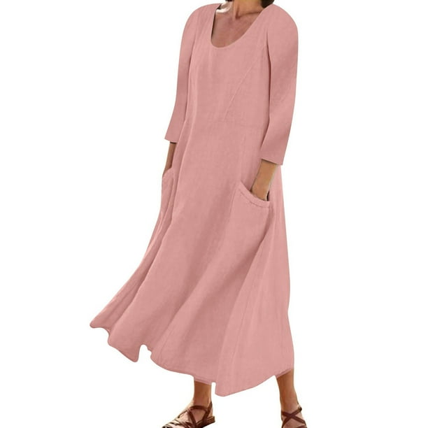 Vestido boho de manga 3/4 y cuello redondo con bolsillos para mujer - Color liso, corte holgado, vestido veraniego informal con estampado floral