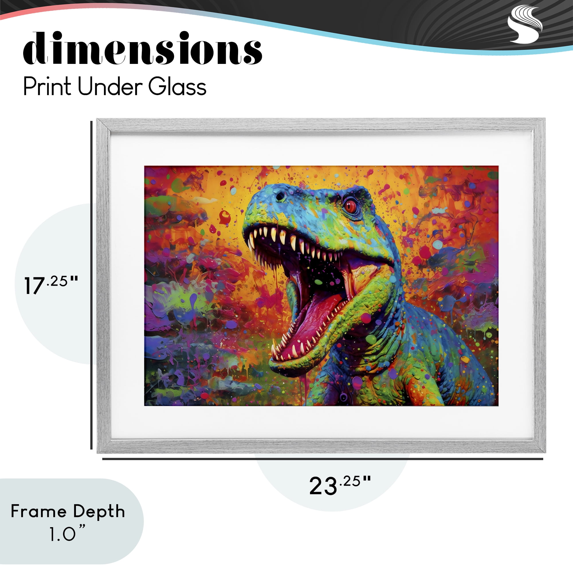 Stupell Industries Colorful T-Rex with Splatter Gray Framed Print Under Glass, design by Creative Studio