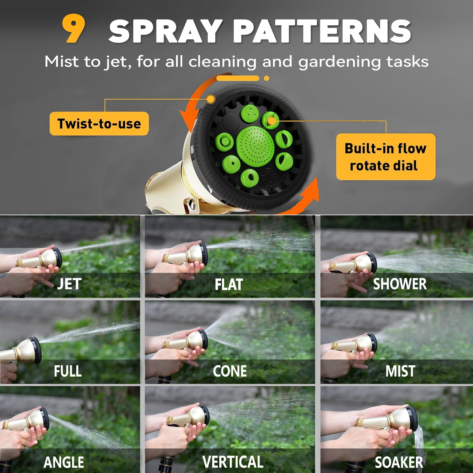 RainPoint Garden Hose Nozzle Sprayer Heavy Duty 9-Pattern Watering Nozzle,Green