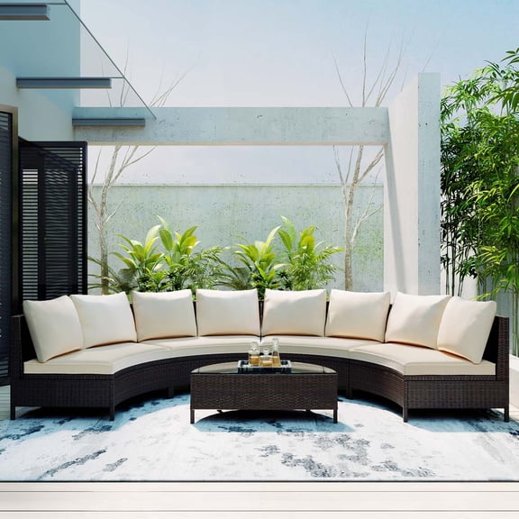 enyopro Outdoor Wicker Patio Conversation Set, 5-Piece Patio Sectional Sofa Furniture Set, Half-Moon PE Rattan Sofa Set W/ Soft Cushions & Tea Table, Patio Furniture Set for Porch Deck Garden, T477