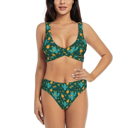 Zeuib Pineapple And Cactus High Waisted Tummy Control Bikini Set - Knot Front Push Up Top & Cheeky Thong Bottom  Two-Piece Swimsuit for Women-Medium