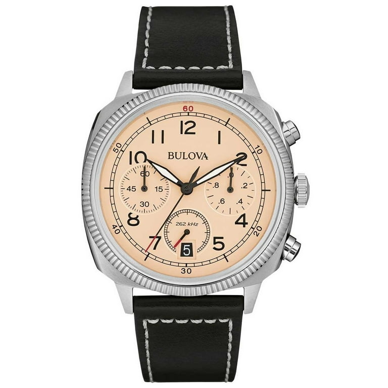 Bulova 96B231 Men s Military UHF Beige Dial Black Leather Strap Chronograph Watch