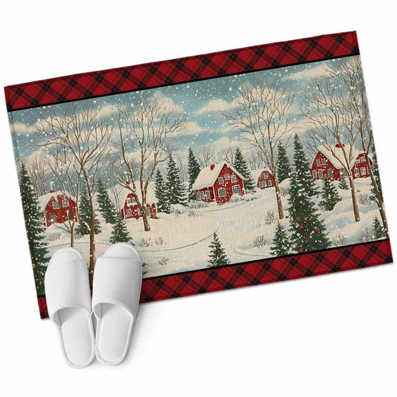 Christmas Bathroom Mat 2x3 FT, Non Slip Small Kitchen Mat, Farmhouse Snowflake Xmas Tree Red Plaid Washable Soft Backed Front Door Throw Rug Non-Shedding Indoor Outdoor Doormat for Entryway Sink