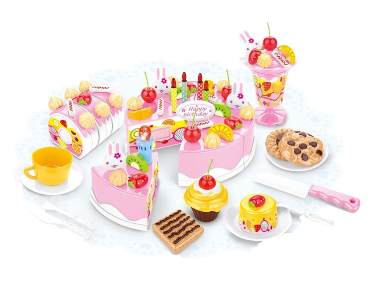 Birthday Cake Toy Play Food Set 75 Pieces Plastic Kitchen Cutting 
