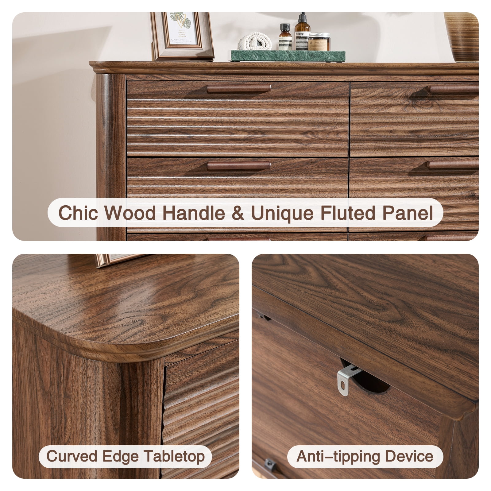 Hommoo Modern Wood Fluted 8 Drawer Dresser, 52" Wide Dresser Chest of Drawers with Curved Profile Design, Multifuctional Storage Organizer for Home, Walnut