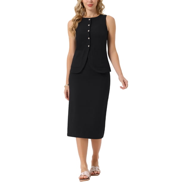 Conjunto de falda de 2 piezas de verano para mujer, conjunto de trabajo de negocios, chaleco sin mangas con botones y falda lápiz L negra