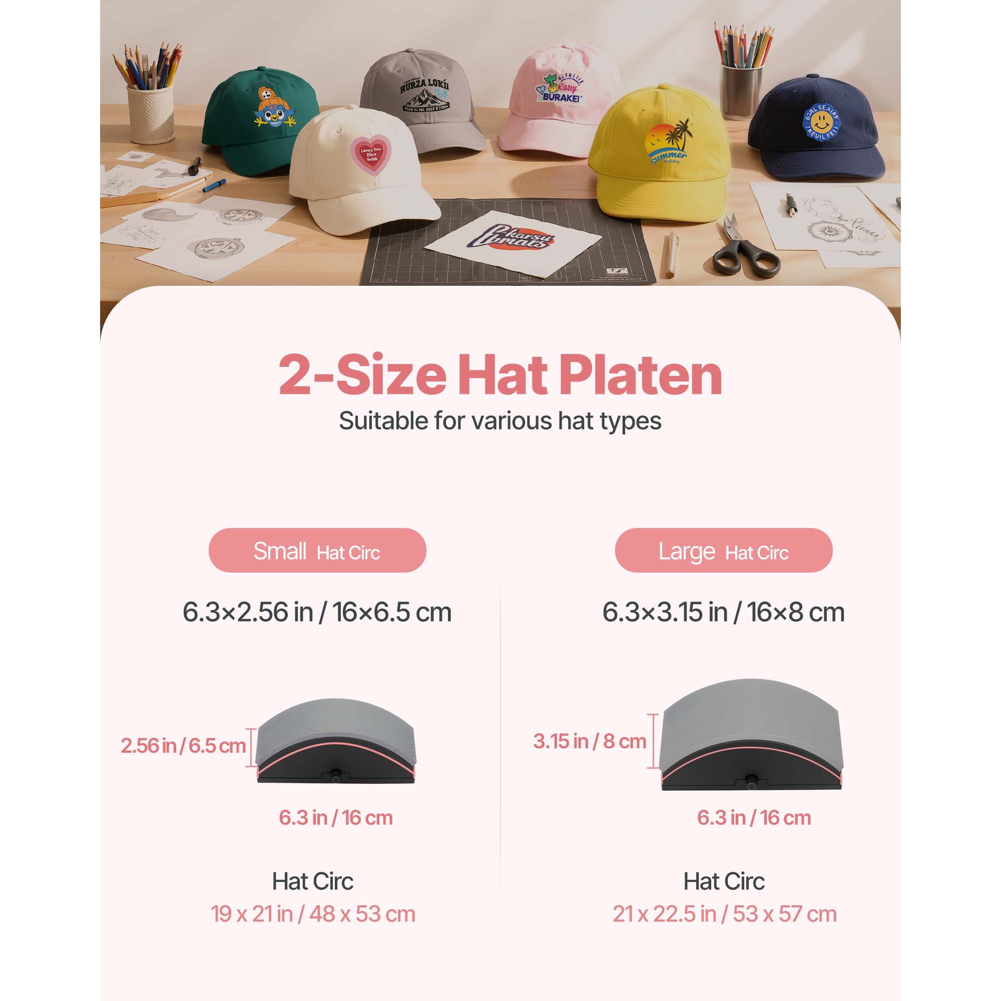 KFFKFF Hat Heat Press Machine with Interchangeable Platens, Accurate Temperature and Time Settings, Ideal for HTV Transfers and Sublimation on Caps, Headbands, Cuffs, Face Masks, Pink