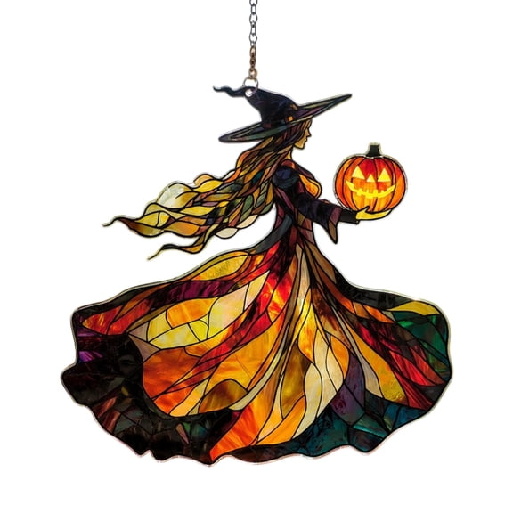 Witch Holding Pumpkin Colored Glass Style Hanging Decoration