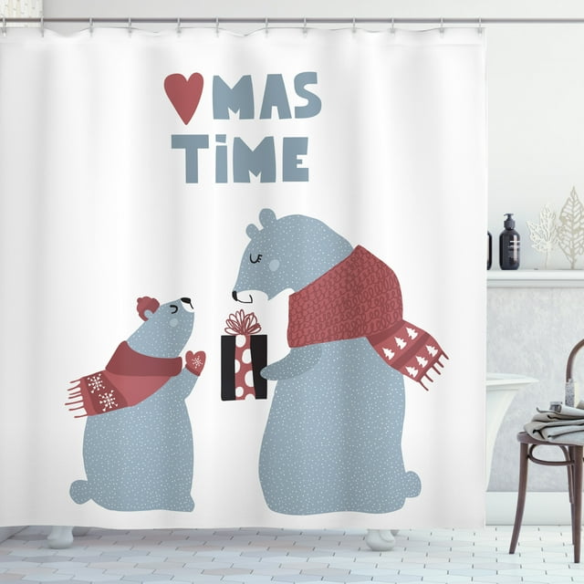 Polar Bear Shower Curtain, Christmas Time Baby Bear Giving Present to