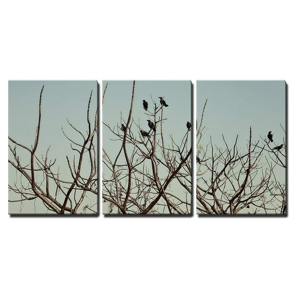 wall26 - 3 Piece Canvas Wall Art - Group of Crows Sitting on The Bare Branches of a Tree Against The Sky - Modern Home Art Stretched and Framed Ready to Hang - 16"x24"x3 Panels