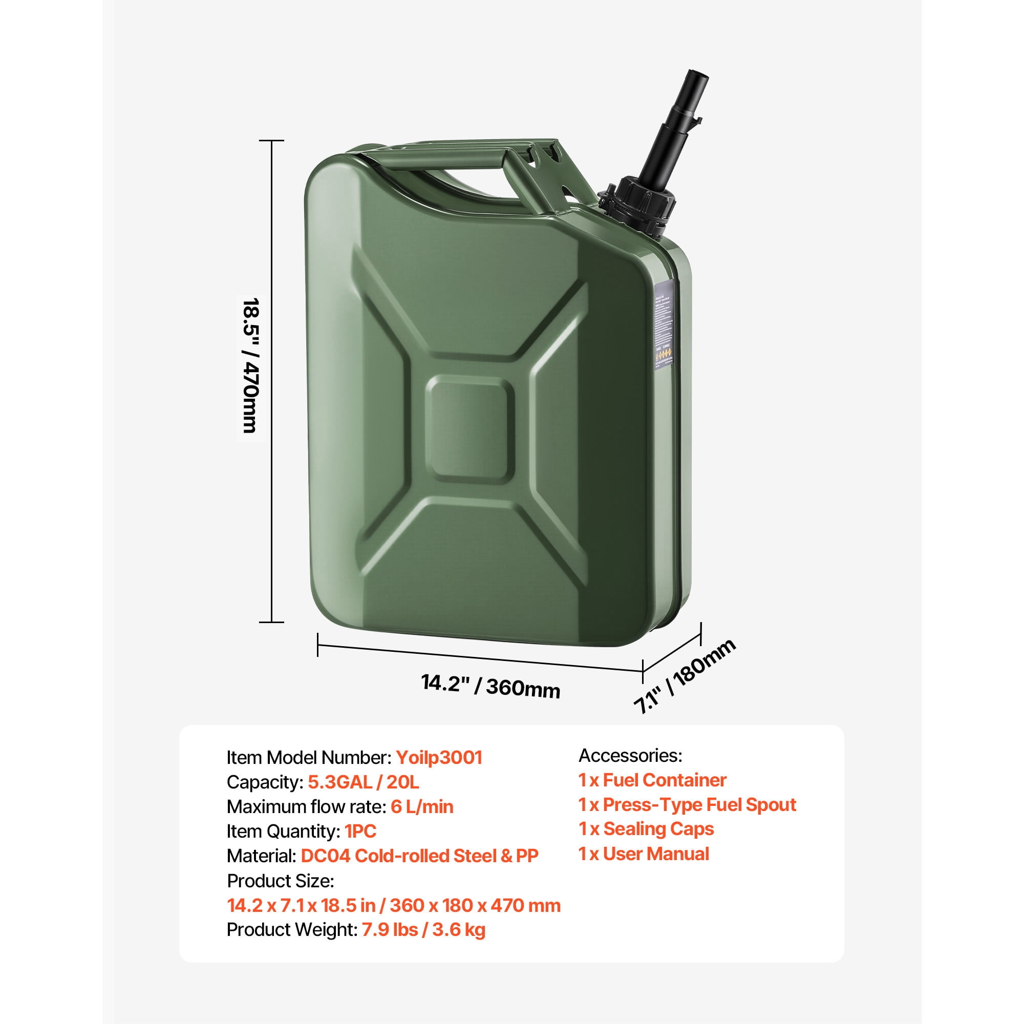 KFFKFF 5.3 Gallon Metal Fuel Container with Spout and Handle, Durable Gas Tank for Cars, Motorcycles, ATVs, and UTVs, Leak-Resistant and Corrosion-Resistant Design, Green
