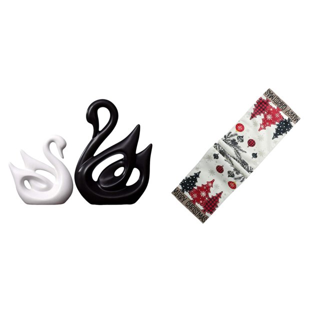 Figuras De Pareja De Cisnes De Porcelana Para Decoración De Oficina Y Hogar, Con Camino De Mesa Navideño, Cómoda, Bufanda, Mantel Reutilizable De Temporada Para árbol De Navidad, Mesa De