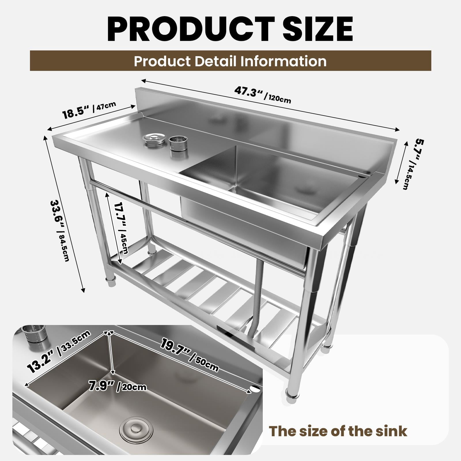 Free Standing 47in Stainless-Steel Sink Set, Commercial Prep & Utility with Workbench, Storage Shelves for Indoor Outdoor Catering Place
