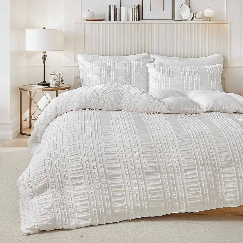 JOLUSERE White Duvet Cover King Sets, 3 Pieces Soft Breathable Striped Textured Comforter Cover Set