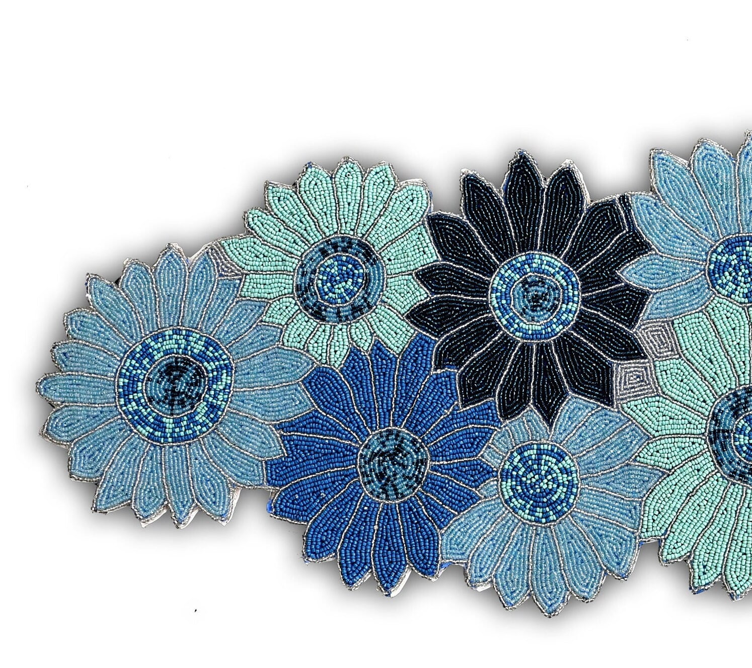 Handmade Beaded Table Runner, Blue Floral Table Runner, Spring Tableware 13X36 Inch