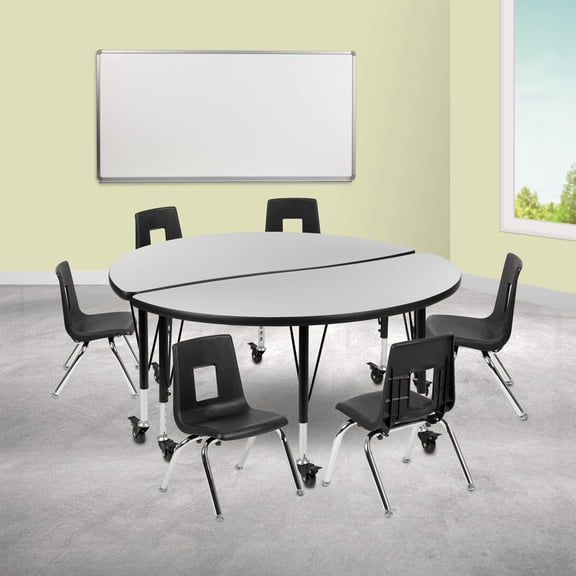 Emma   Oliver Mobile 47.5" Circle Wave Activity Table Set-12" Student Stack Chairs, Grey/Black