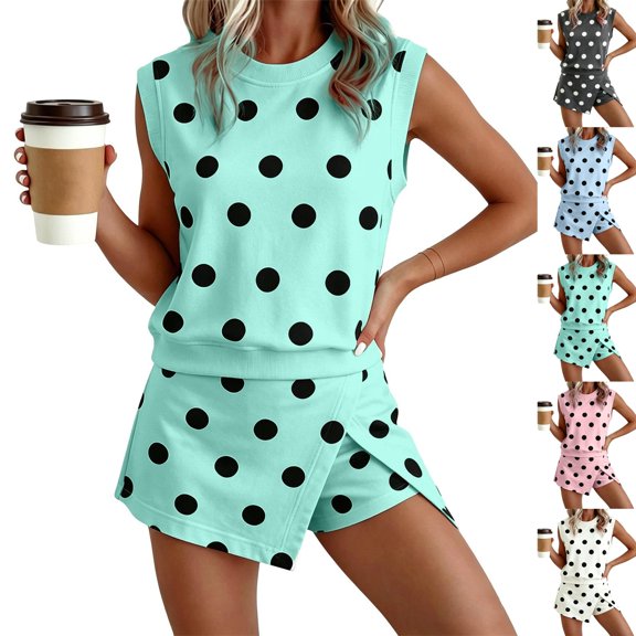 Womens 2 Piece Skirt Set Summer 2026 Polka Dot Print Crew Neck Sleeveless Tank Tops Asymmetrical Wrap Skort Outfits,Green,S