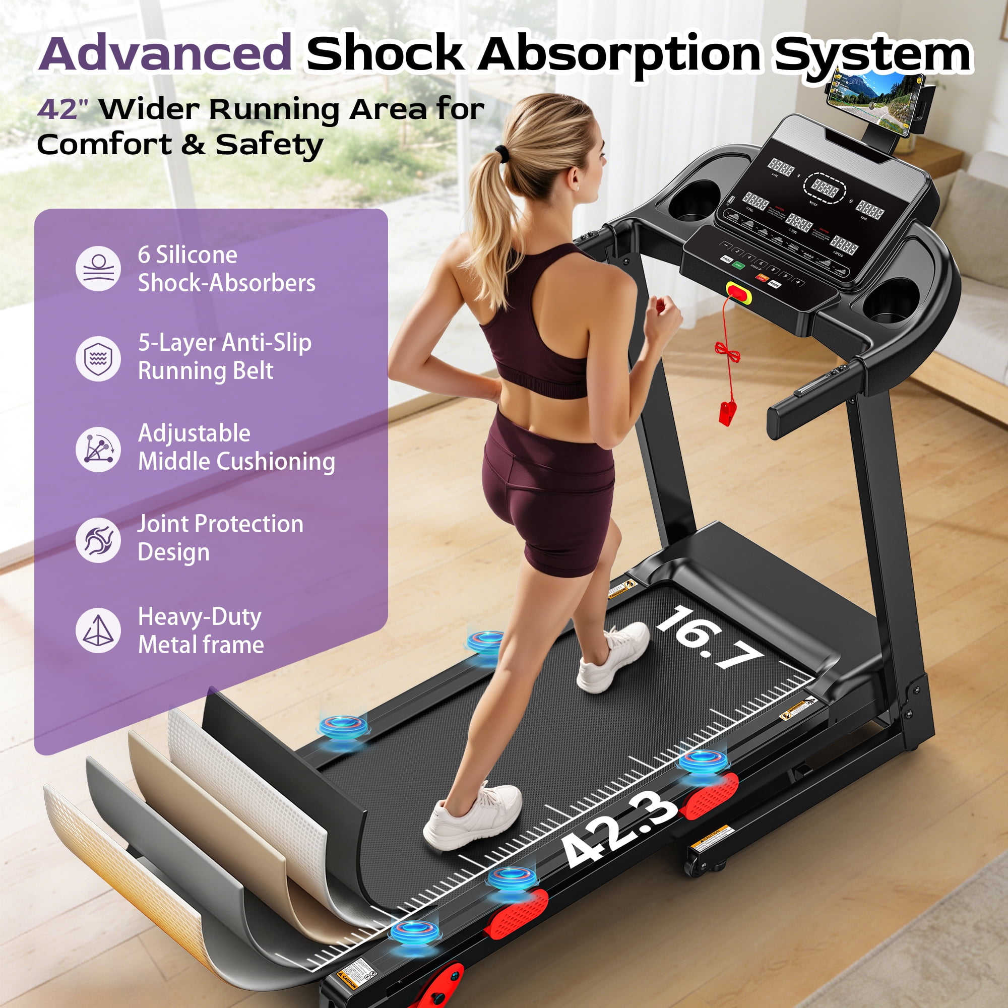 Folding Treadmill with Incline, 3.75HP Motor, 300 lb Capacity, Bluetooth App Connectivity, Compact Running Machine for Walking, Jogging and Running, Space-Saving Design