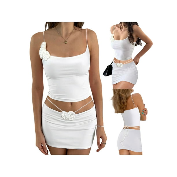 Sunloudy Women White Short Skirt Set, Spaghetti Straps Slim Fit Camisole  Low Waist Tie-up Mini Bodycon Skirt for Party Club 