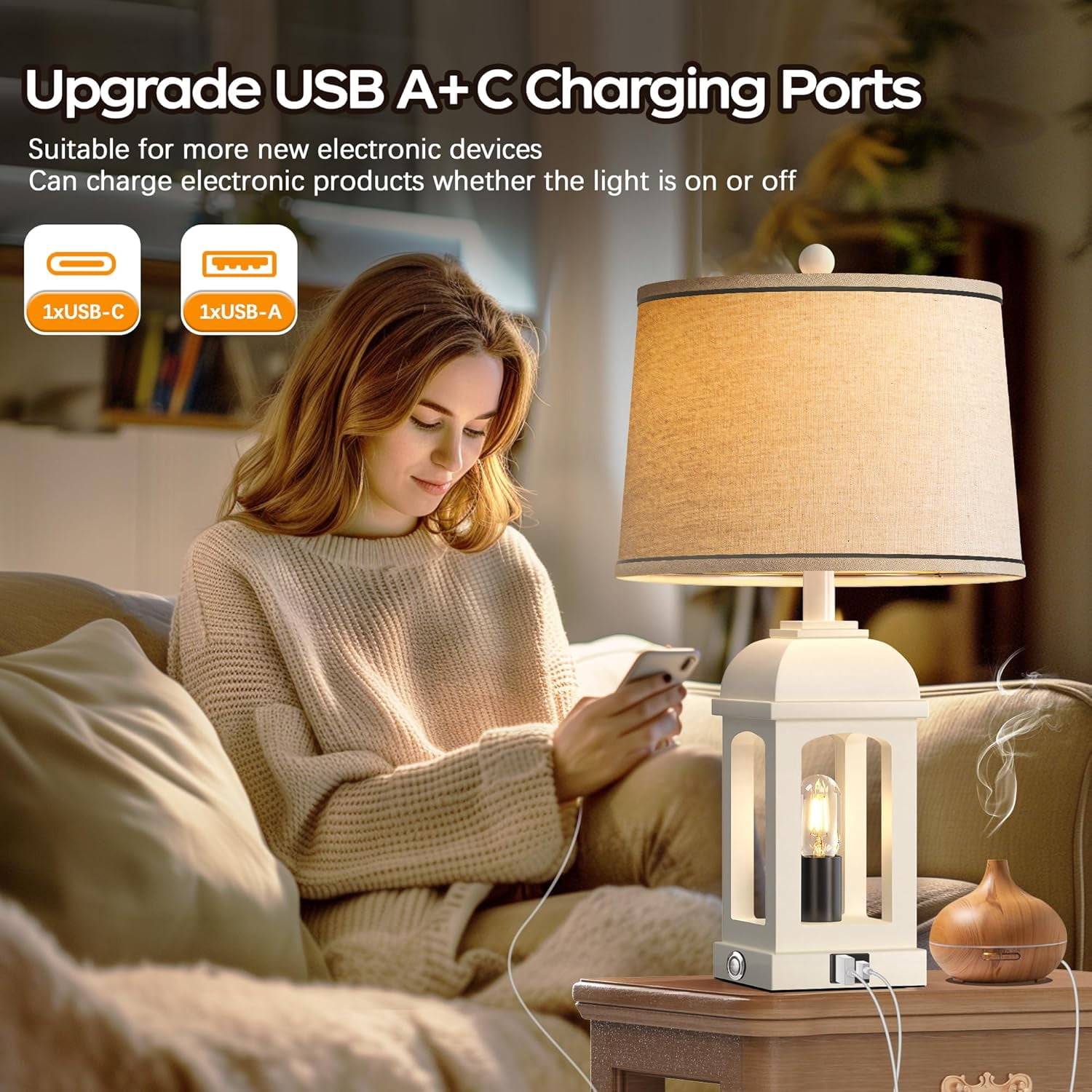 Table Lamp for Living Room, Farmhouse Lamps Set of 2 with USB A+C and Nightlight, 26" Rustic Bedside Lamps with 3-Way Dimmable, Touch Nightstand Lamp for Bedroom, White