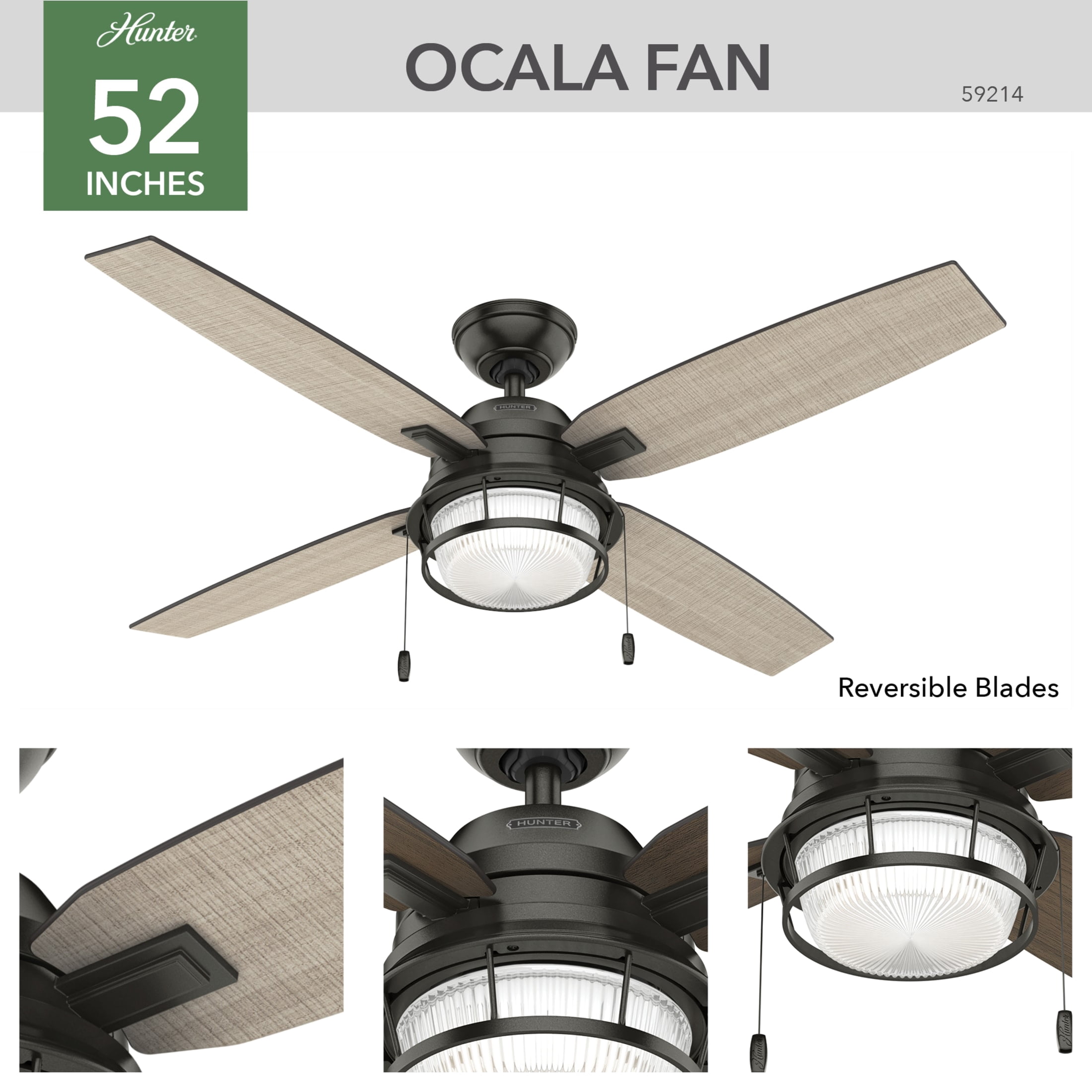 Hunter 52 inch Outdoor or Indoor Ceiling Fan with LED Light and Pull Chain - Bronze Rustic Ceiling Fan, Standard Mount, 4 Blades, For Patio, Porch, Garage, or Living Room - Ocala 59214, Noble Bronze
