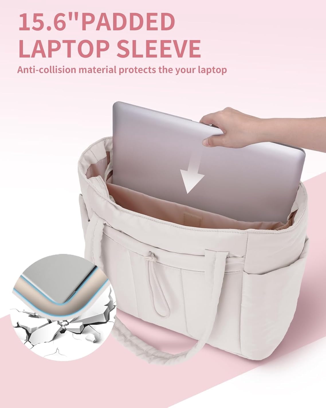 Puffer Tote Bag for Women, Shoulder Bag Handbag with Cup Holder & 15.6" Laptop Compartment & Trolley Sleeve for Travel, Work, Nurse, Lightweight, 20L