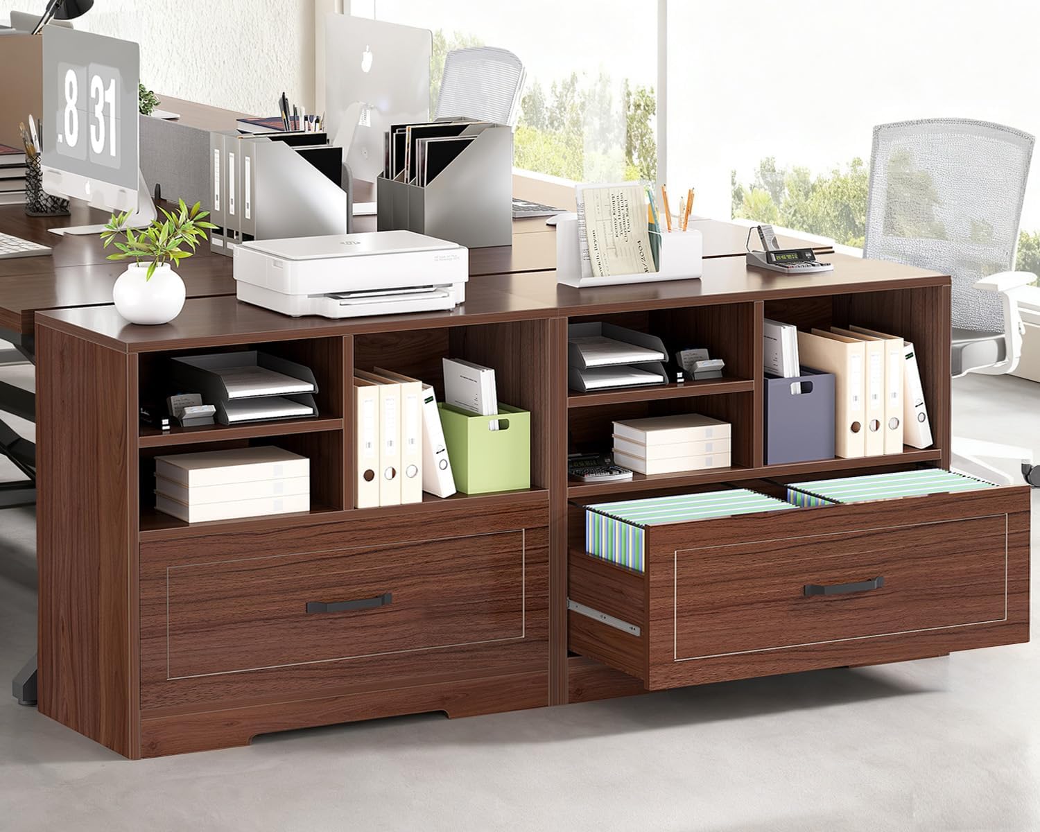 LVB Wood Lateral Filing Cabinet Drawer, Farmhouse File Cabinet Printer Stand with Storage Shelves, Printer Cabinet Fits A4 Letter Legal Size with Hanging File Folder for Home Office, 32.7" Walnut
