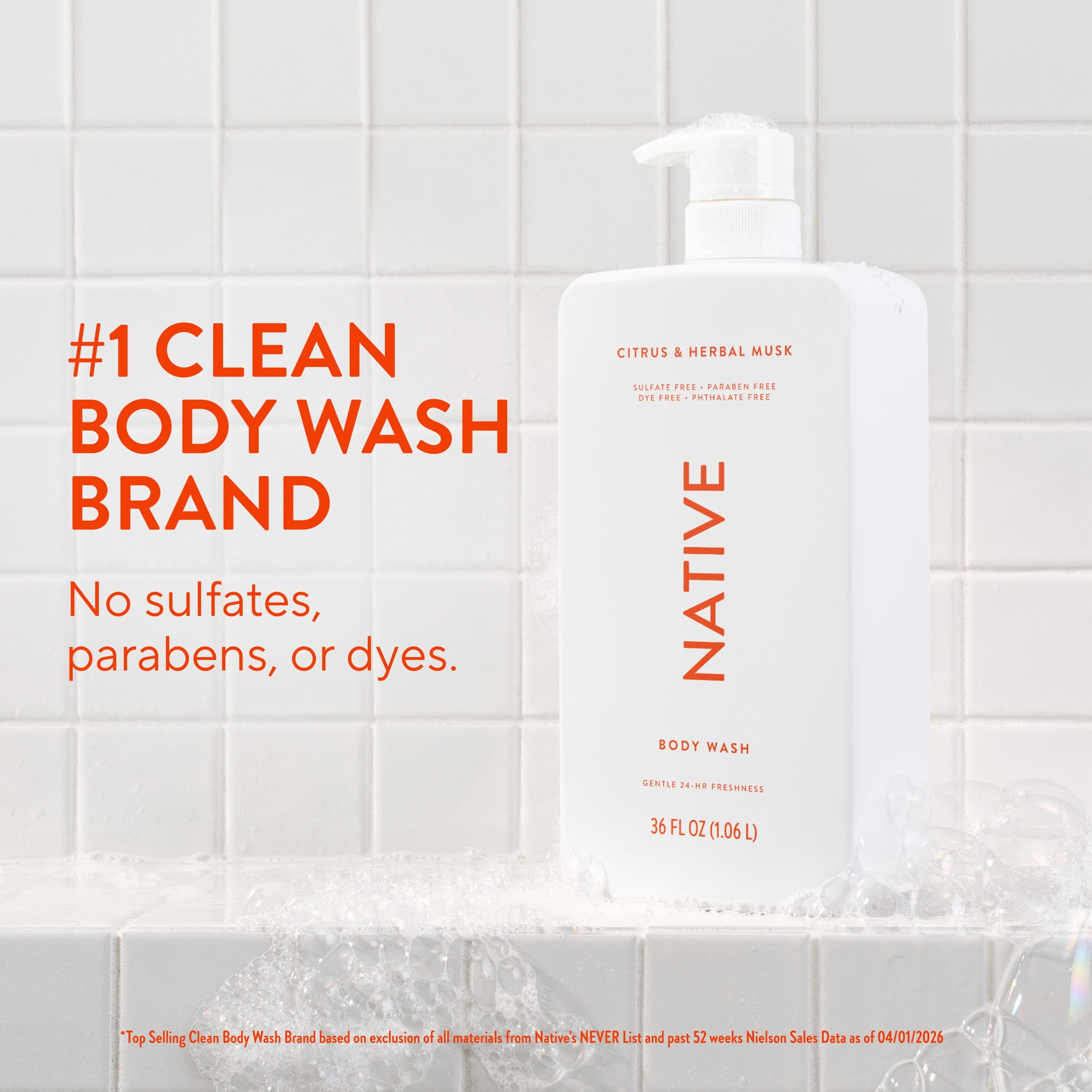 (4 pack) Native Body Wash, Citrus & Herbal Musk, Sulfate Free, for Women & Men, 36 fl oz