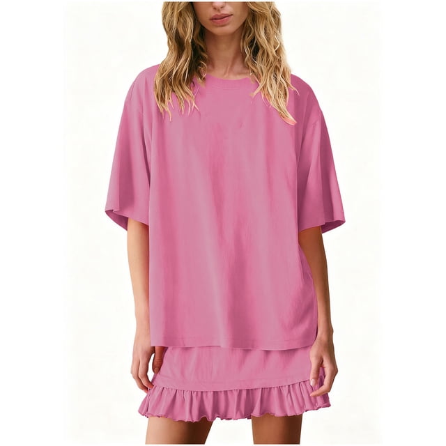Mceream Ensembles Jupe Femmes Tenues 2 Pcs Chic Été Décontracté Col Rond Manches Courtes Hauts et Jupes Mini Fluides à Volants Superposés Tenues de Plage Ensembles Jupe Vacances Rose m