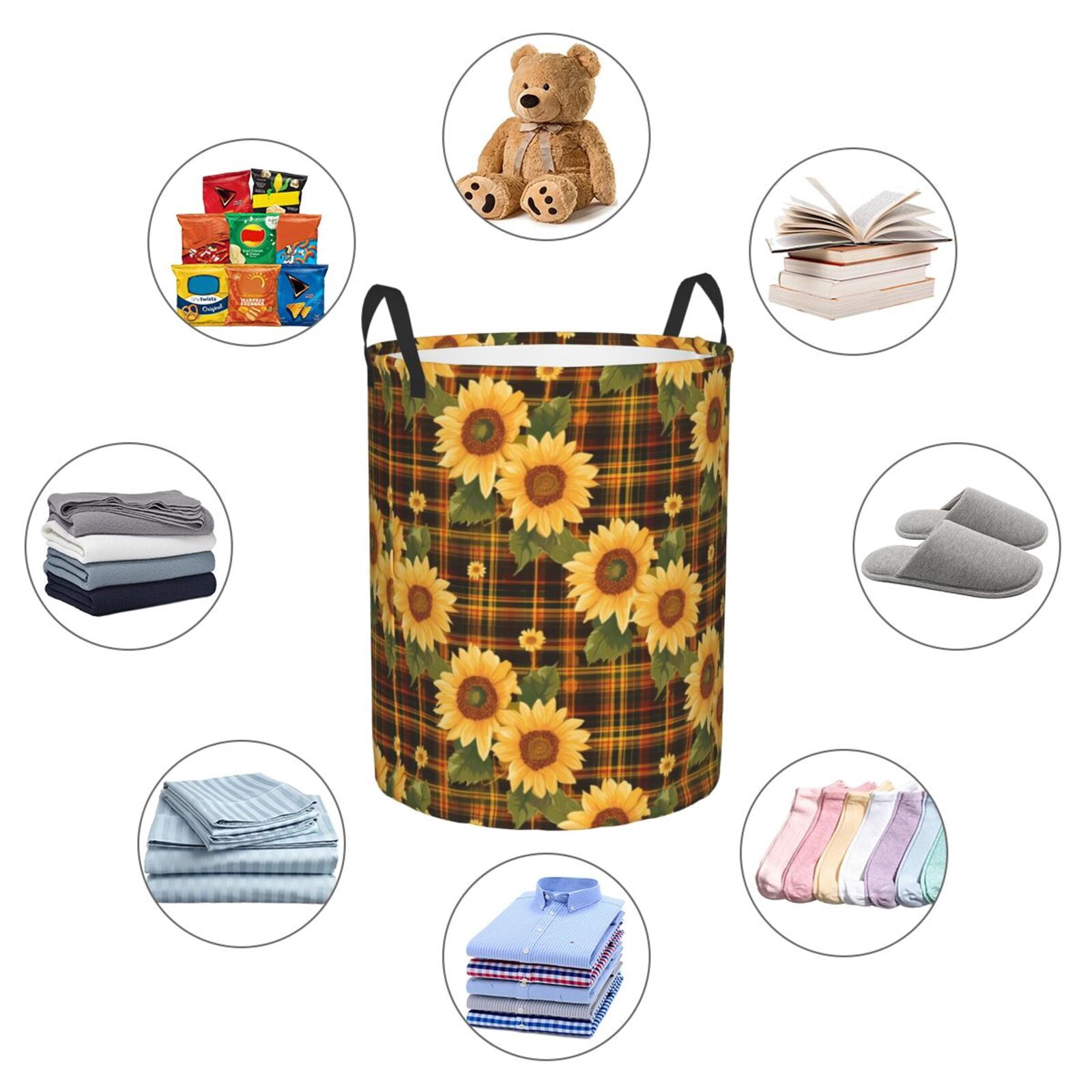 Fuzoiu Yellow Black Plaid Sunflower Print Circular Hamper,Laundry Basket with Handle,Collapsible Laundry,Dirty Clothes Storage Basket,for Bedroom Bathroom Dorm Living Room-Small