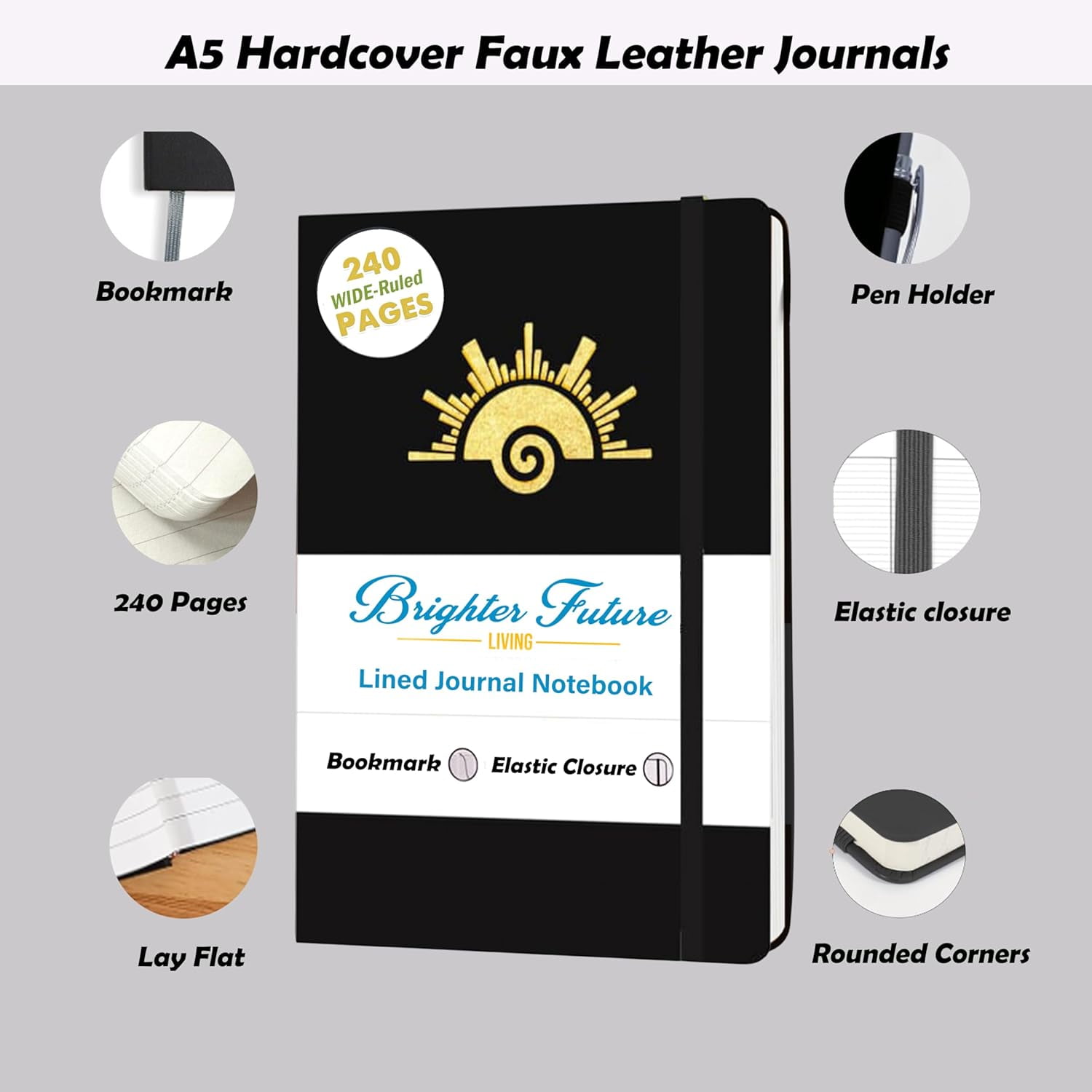 BrighterFutureLiving A5 Lined Journal Notebook Bundle – Faux Leather Hardcover, 240 Pages | Ruled Writing Journals for Work, School, or Travel | Gift for Women & Men – 5-Pack (Black)