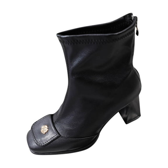 Black Female British Style Square Toe High Heel Skinny Boots With Metal Accents For Fall Winter Comfortable And Fashionable