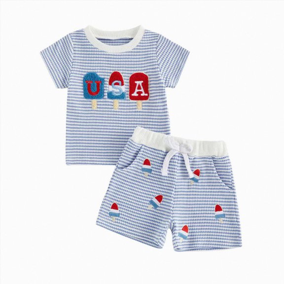 Xudanell Toddler 4th of July Outfit Boy Cartoon Print T Shirt Elastic Shorts Set for Independence Day Short Sleeve Baby Outfits Blue 0-6 Months