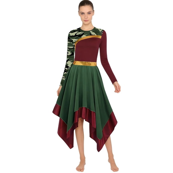 Raenseen Women Liturgical Praise Dance Dresses Long Sleeve Worship Dancewear Burgundy L