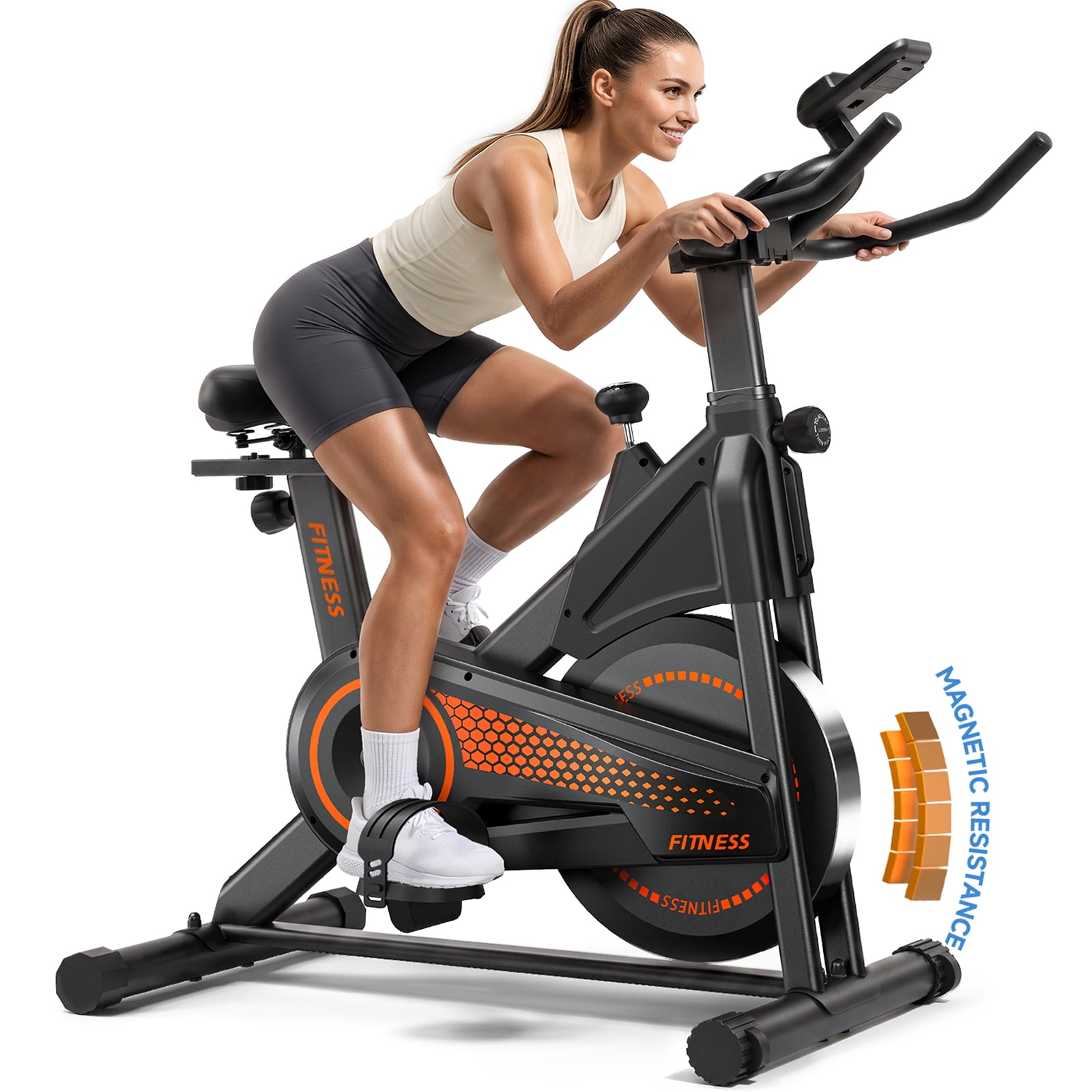 Patbrela Magnetic Exercise Bike, Indoor Stationary Bike, 100 Levels Adjustable Resistance, Cycling Bike for Home Gym Workout Equipment, Black & Orange