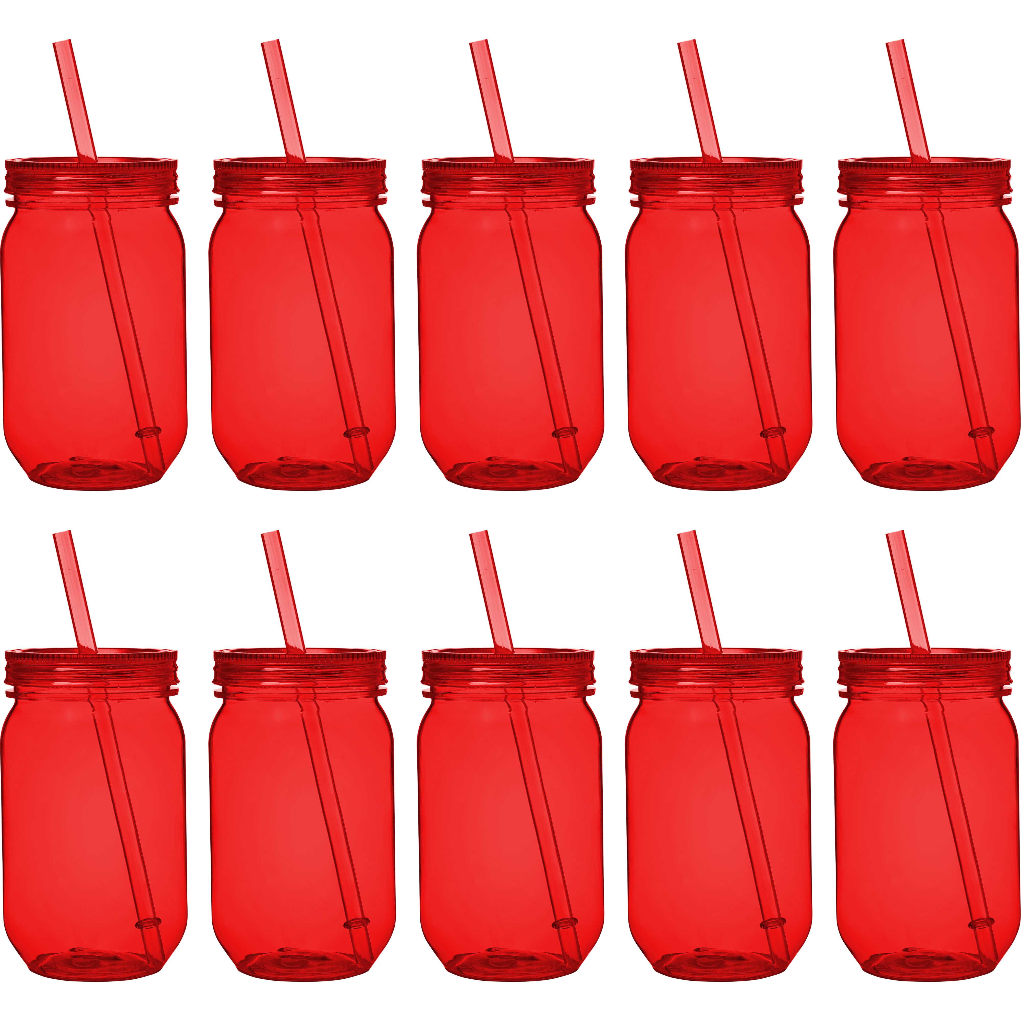 Plastic Mason Jars with Straw Set 24 oz. Set of 10, Bulk Pack Jars