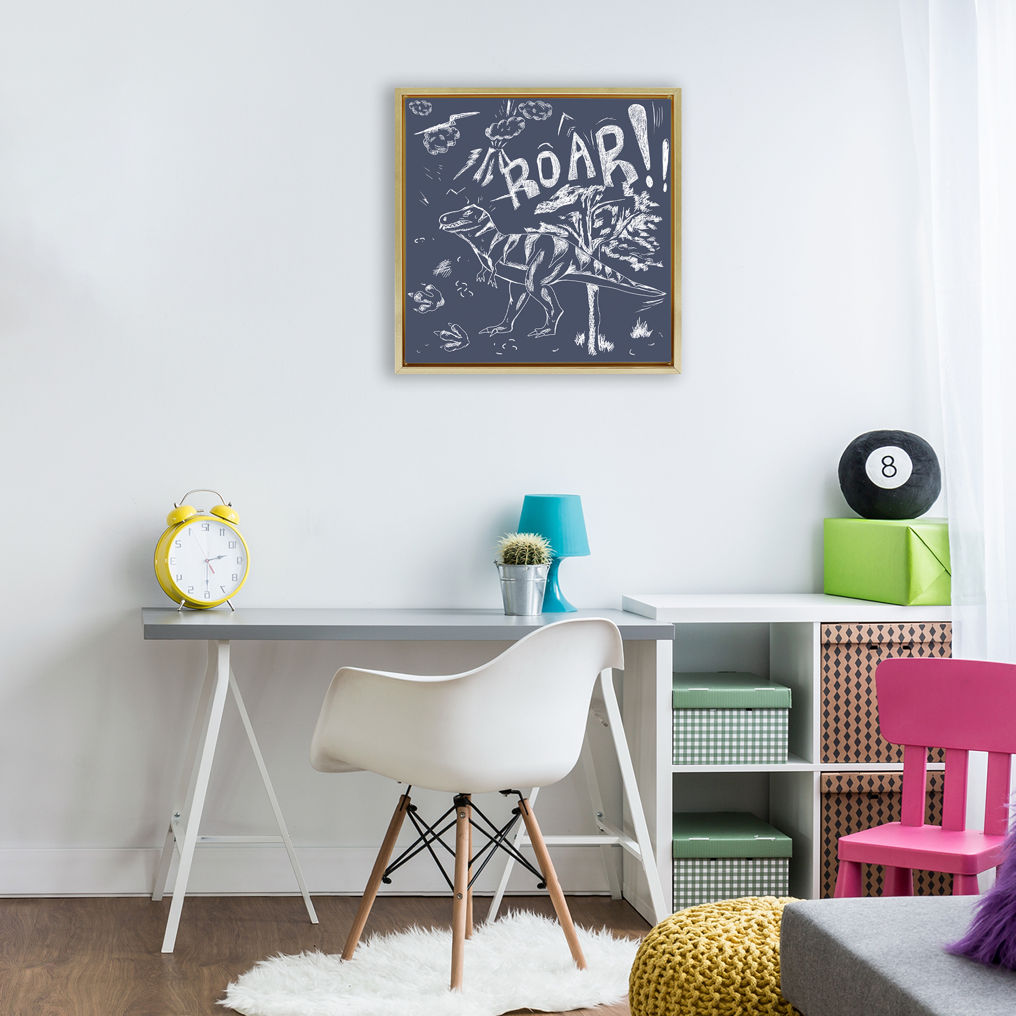 Sketchy Roar Dinosaur Gold Framed Floater Canvas Wall Art, design by HUE and MI and Sangita