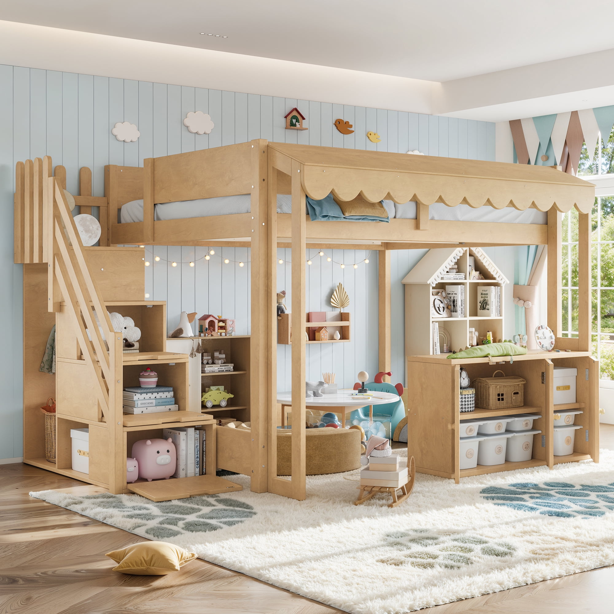 Leumius Full over Full Size Playhouse Loft Bed with Storage Stairs, Solid Wood Loft Bed with Pretend Convenience Store Counter, Convertible Underbed Space for Sleep or Play Natural
