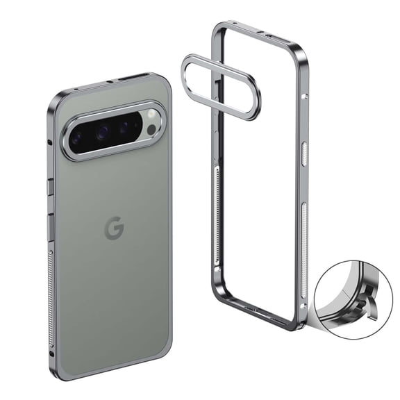Allytechgroup Slim Case for Google Pixel 10 Pro XL with Camera Lens Protector, Metal Bare Frame Heat Sink Shell Seahorse Buckle Design Bare Frame Stainless Steel Heat Dissipation Net, Gray