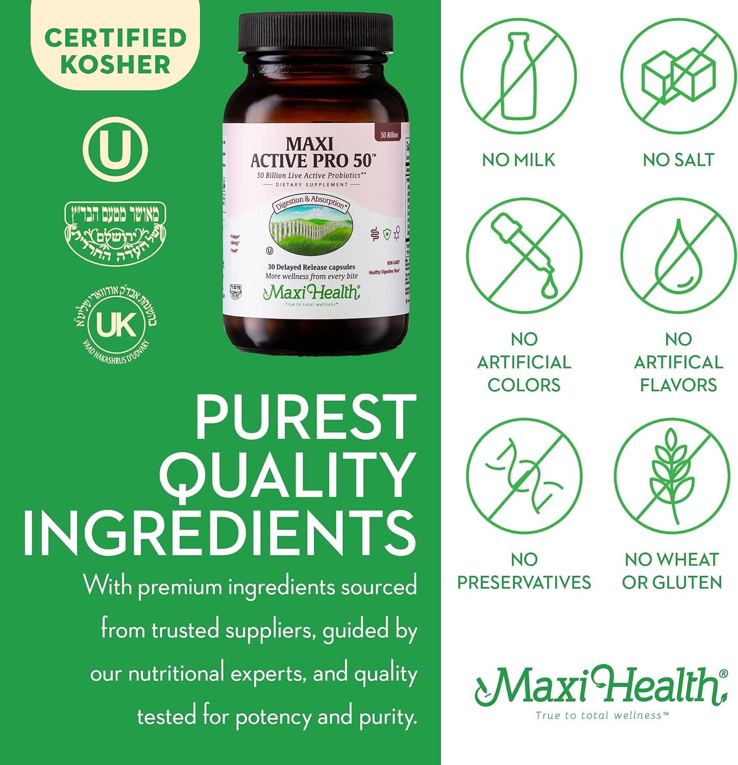 Maxi Health Probiotic Plus - 50 Billion CFU, 15 Strains, Delayed Release Capsules - 30 Count