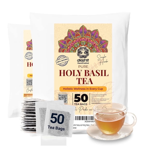 50 Holy Basil Tea Bags, 100% Natural Pure Holy Basil Tulsi Tea, Herbal Tea, Stress Relieving , Caffeine-free, Non-GMO, Sugar-Free. by Akshit