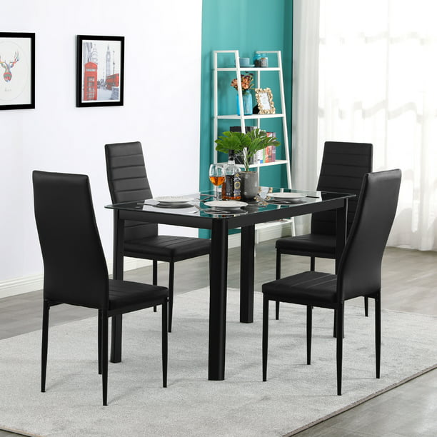 5pcs Rectangle Tempered Glass Dining, Black Glass Dining Room Table Set