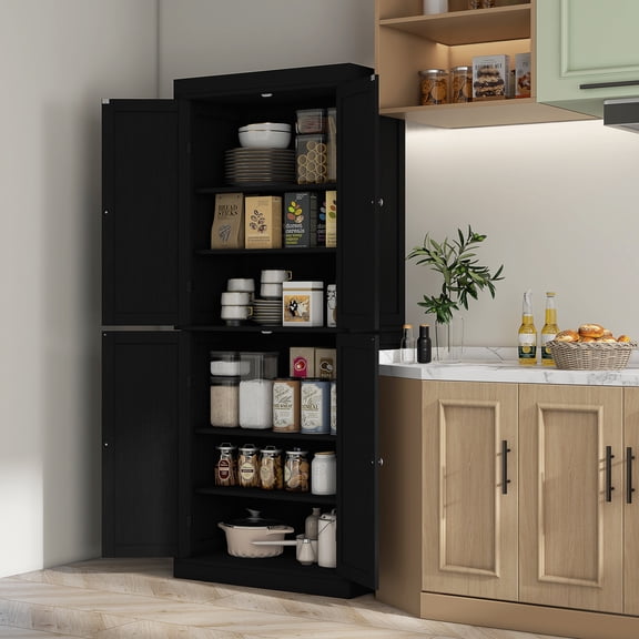 HOMCOM 72" Traditional Freestanding Kitchen Pantry Cupboard with 2 Cabinet, and Adjustable Shelves, Black Wood Grain