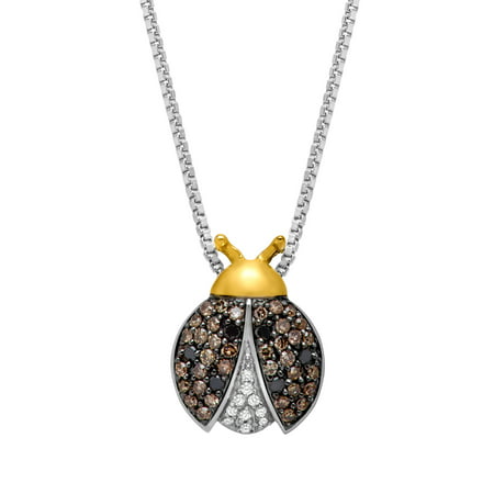 Duet 1/4 ct Diamond White, Champagne & Brown Ladybug Pendant Necklace in Sterling Silver & 14kt Gold