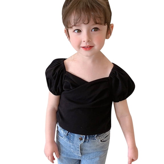 Girls T Shirts Girl's Summer Vintage Princess Sleeve Solid Color Sweet T Shirt Top Girls' Tops Black 18 Months-24 Months