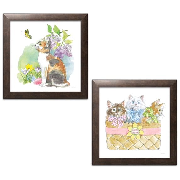 Gango Home Decor Cottage Easter Kitties I & II by Beth Grove (Ready to Hang); Two 12x12in Brown Framed Prints