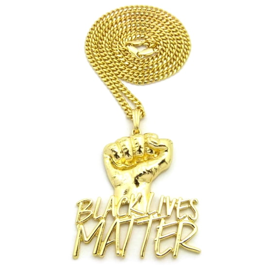 Polished Raised Fist Black Lives Matter with Gold-Tone Chain Necklace - 4mm 30" Cuban Chain