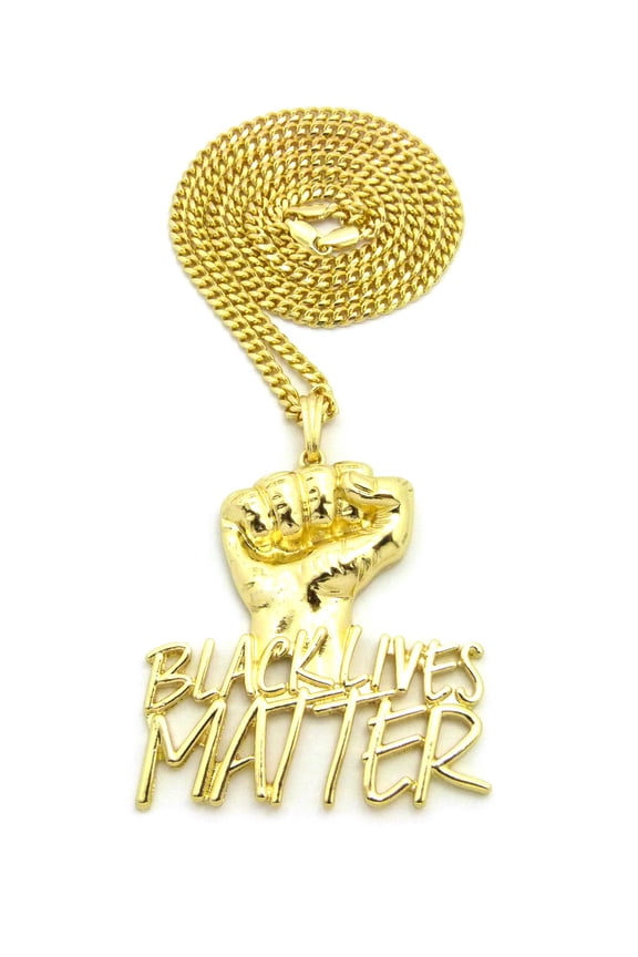 Polished Raised Fist Black Lives Matter with Gold-Tone Chain Necklace - 4mm 30" Cuban Chain
